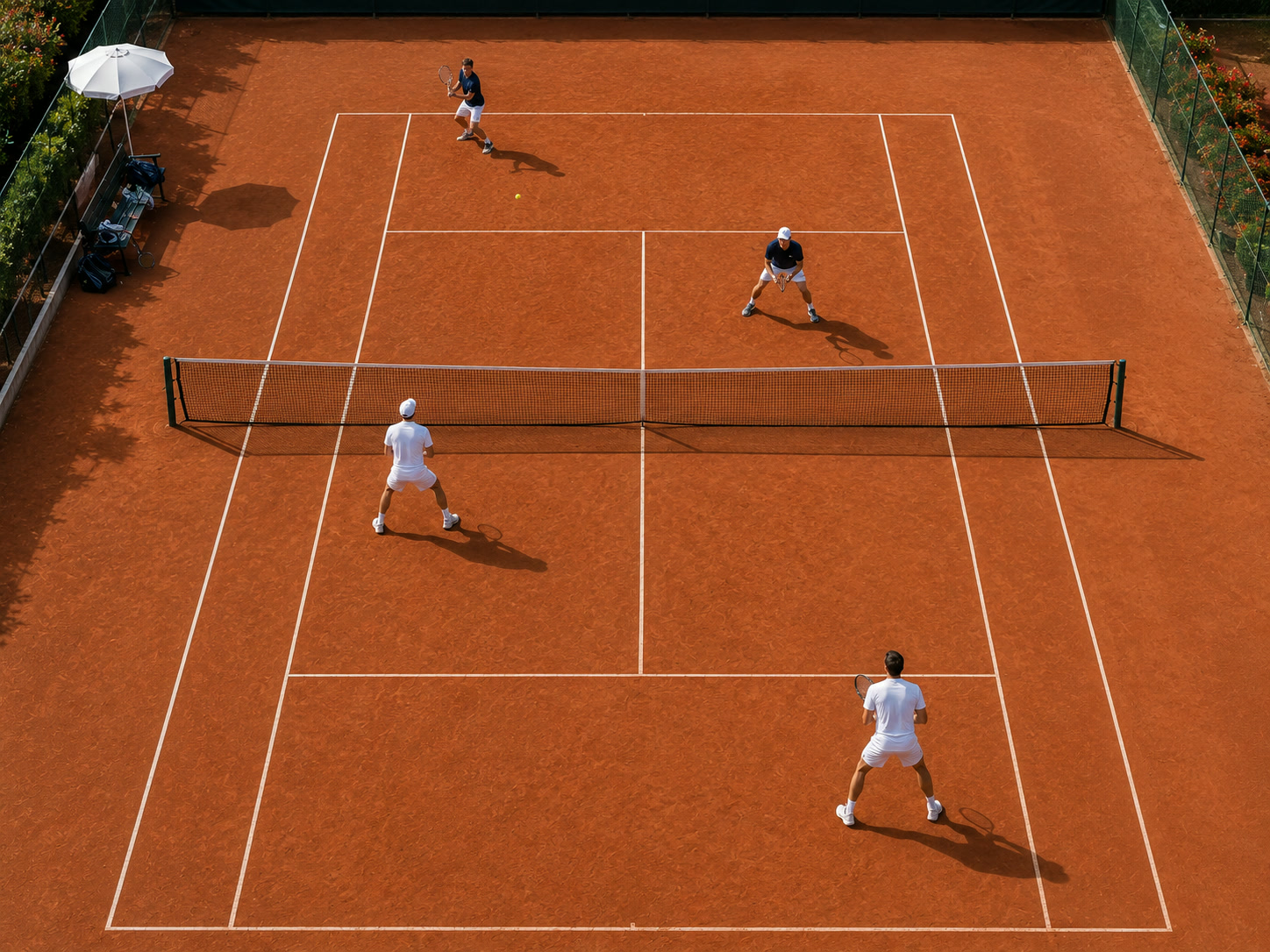 Vogelperspektive auf ein Tennis-Doppel auf rotem Sandplatz: Vier Spieler in Position mit Netz und klaren Linien – Positionen und Kommunikation im Doppel.