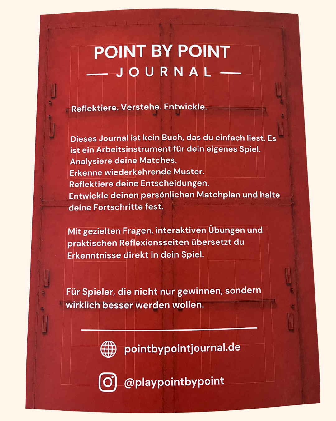 Point by Point Journal – Rückseite mit Leitgedanken und Social-Media-Links