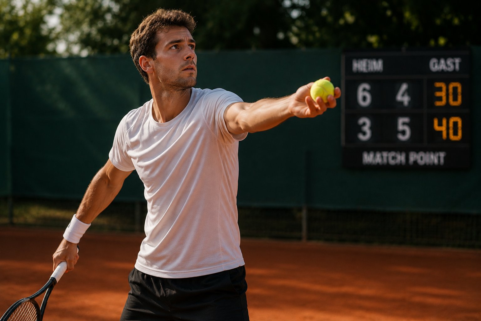 Tennisspieler in weißem Shirt auf rotem Sandplatz bereitet sich unter Druck am Scoreboard mit Match-Point-Anzeige auf seinen zweiten Aufschlag vor.