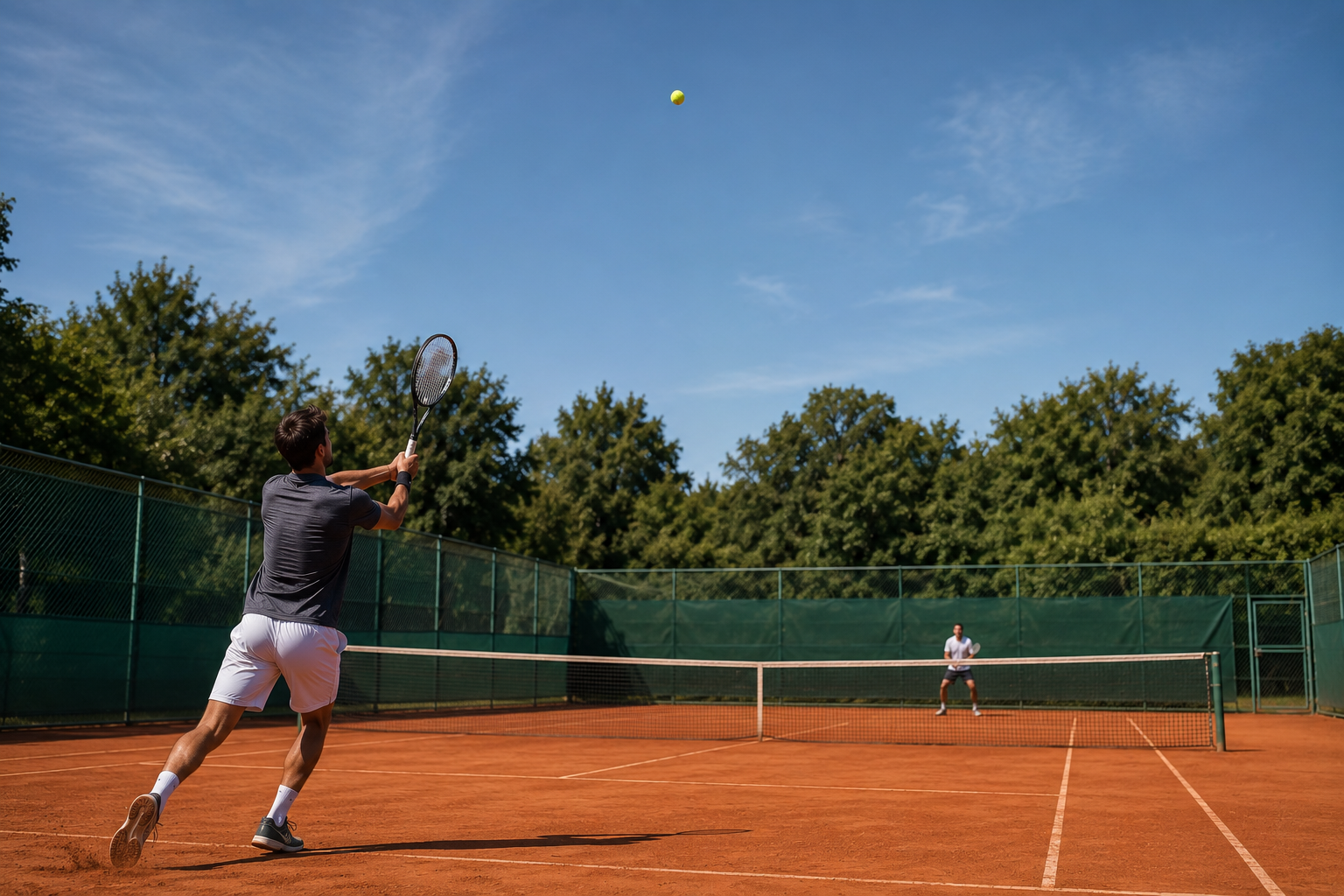 Tennisspieler schlägt an der Grundlinie eines Sandplatzes eine Rückhand über das Netz zu einem defensiv wartenden Gegner – typische Spielsituation gegen defensive Spieler.