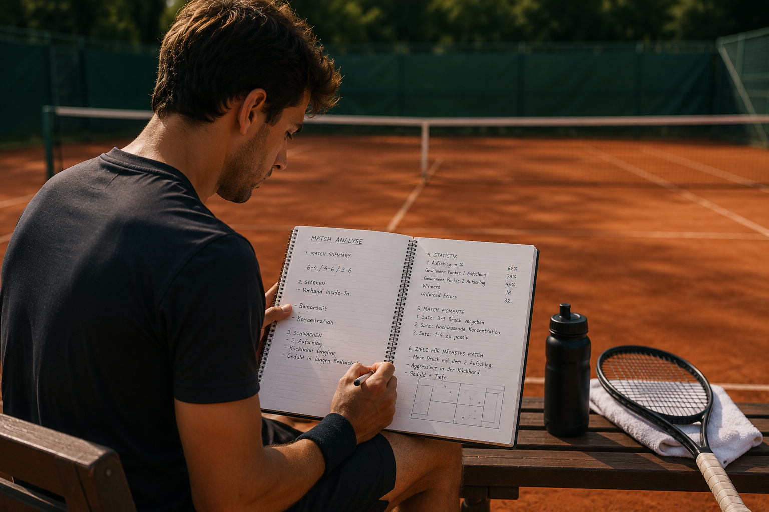 Tennisspieler sitzt auf einer Bank am roten Sandplatz und trägt seine Match-Analyse in ein offenes Notizbuch ein, daneben liegen Schläger, Trinkflasche und Handtuch.