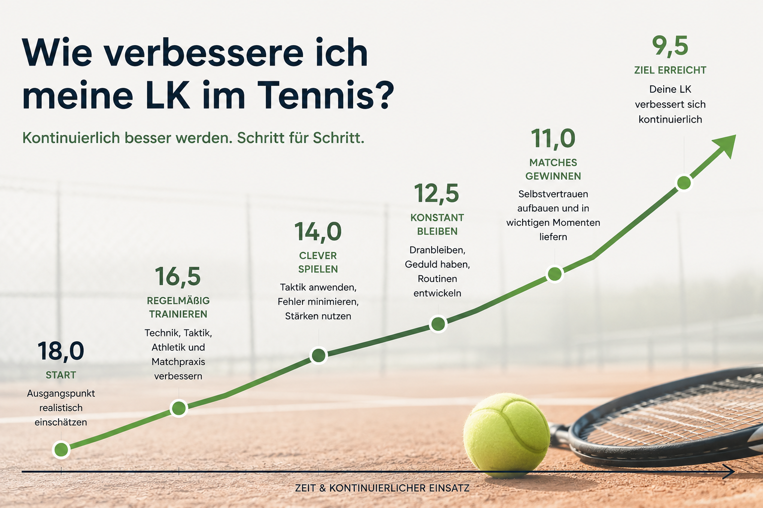 Infografik: Leistungsklassen-Verbesserung im Tennis von LK 18,0 bis 9,5 mit den Schritten regelmäßig trainieren, clever spielen, konstant bleiben und Matches gewinnen, illustriert mit Tennisball und Schläger auf einem Sandplatz.