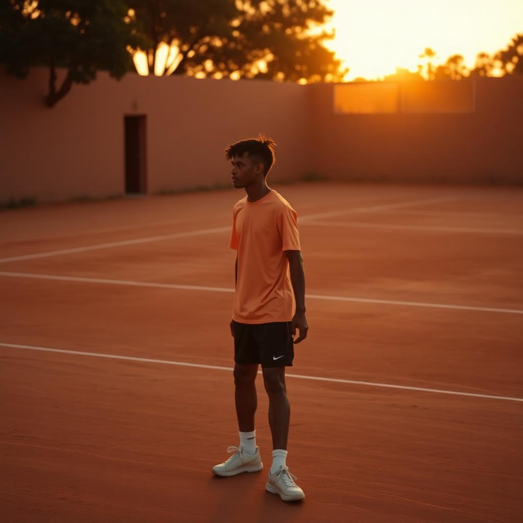 Nachdenklicher Tennisspieler steht allein auf einem leeren Sandplatz im Abendlicht und reflektiert seine Match-Leistung.